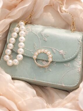Elegant Pearl-Embellished Mint Crossbody Bag